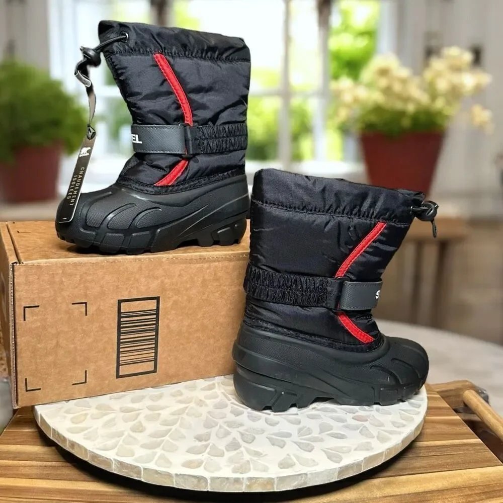 Sorel Kids Flurry Insulated Winter Snow Boots Black Red Size 10 US (27 EU) Water